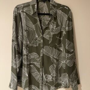 Express Olive and White Leaf Print Button Down Shirt